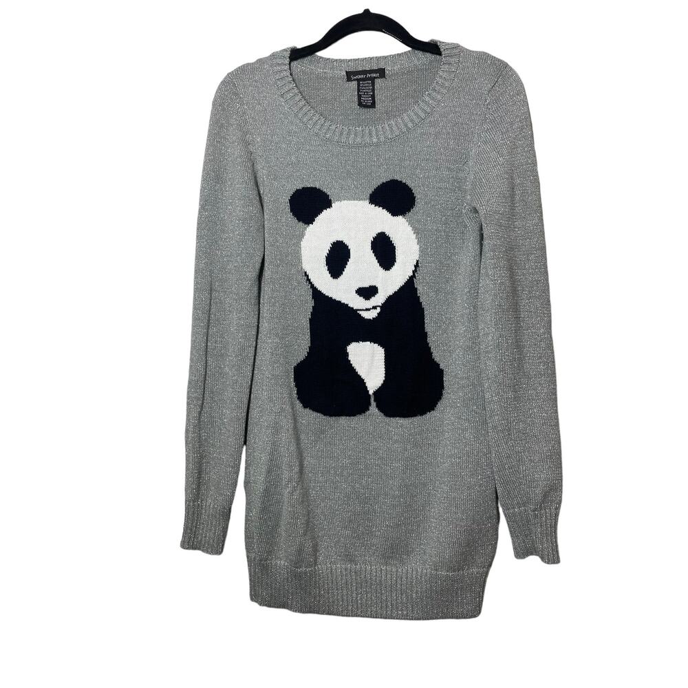 Sweater Project Panda Bear Tunic Sweater Gray Silver Metallic Sz Medium Sparkly